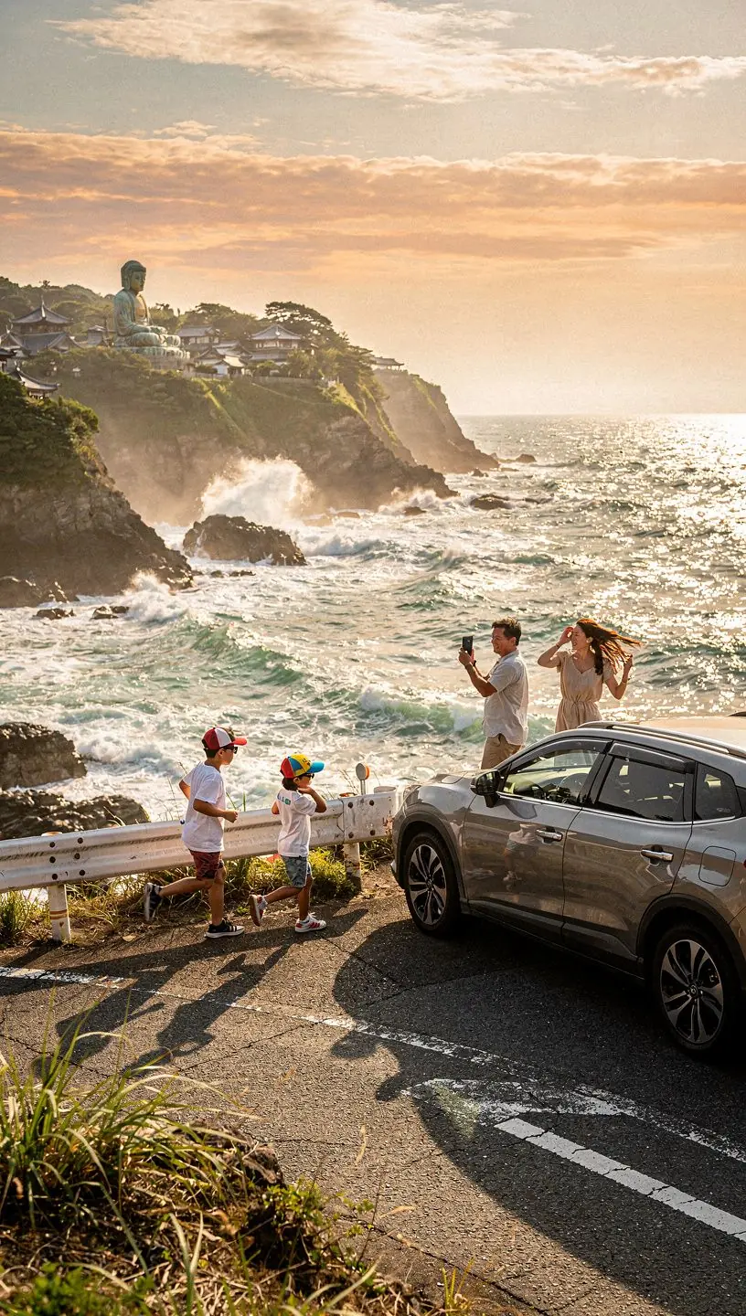 Travelers enjoying a picnic at a scenic rest area, with traditional Japanese architecture and stunning mountain views in the background.
